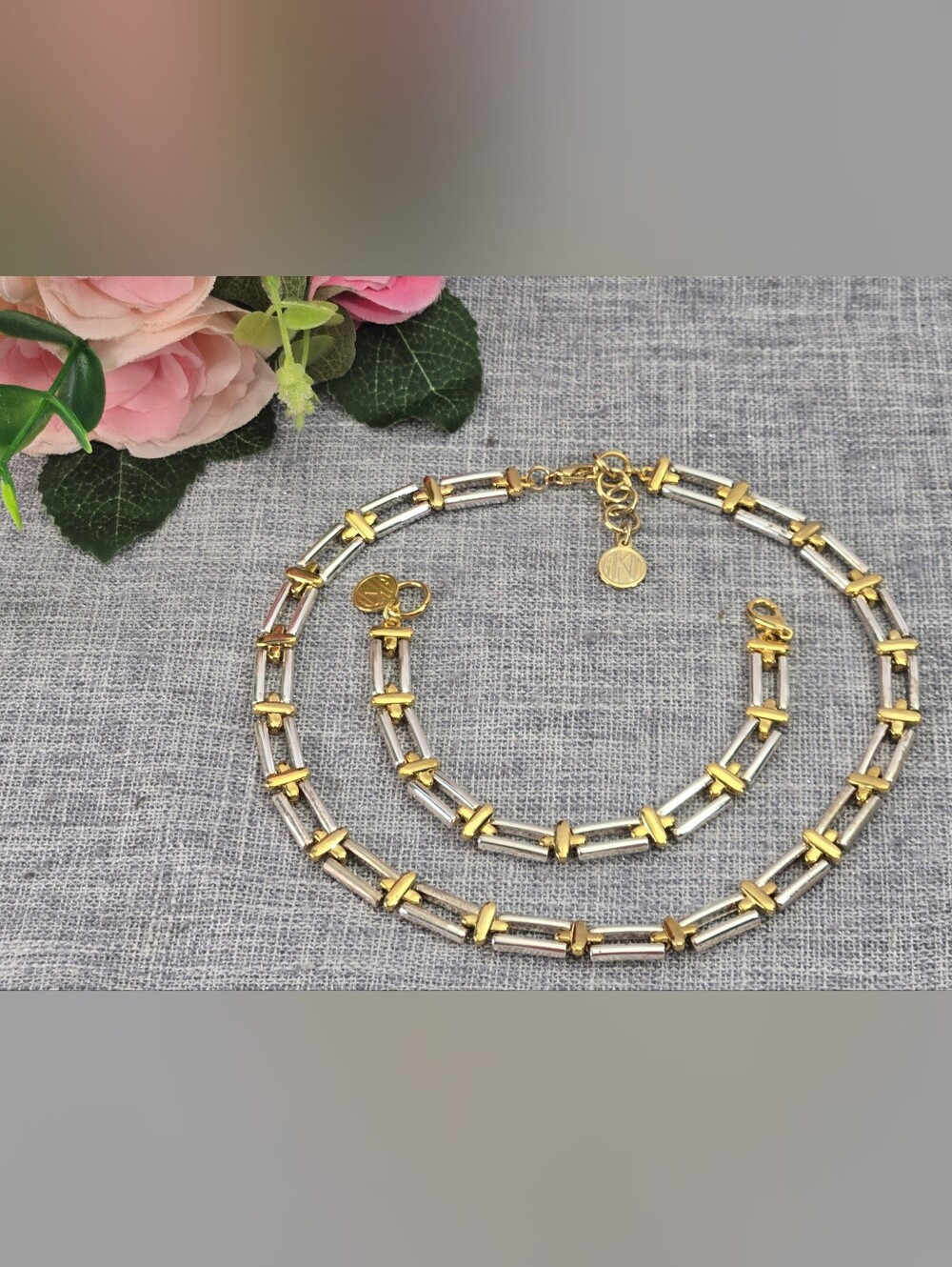 Vintage Anne Klein Signed Two-Tone Bar Link Necklace & Bracelet Set Modernist AK